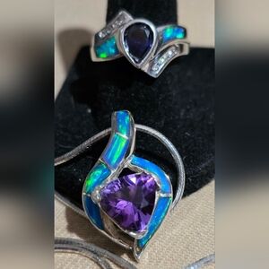 Silver Necklace Pendant with Amethyst and Blue-Green Opal Inlay